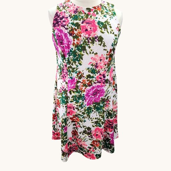 Liz Claiborne Women’s 16W Floral A-Line Dress Pink White Textured Stretch Church - Picture 2 of 14